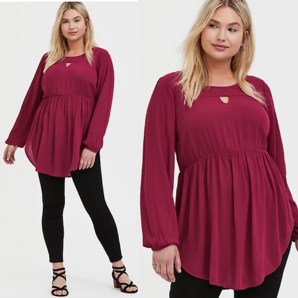 TORRID RED WINE GAUZE BABYDOLL TUNIC TOP - Picture 3 of 7